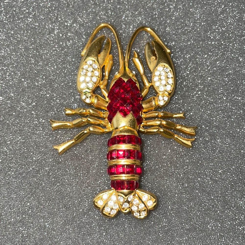 Nolan Miller Ruby Red Lobster Brooch Pin Crystal Gold Tone Statement Piece!!